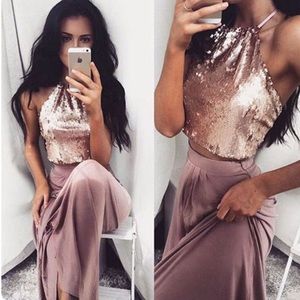 Pink Sequin Two Piece Prom Dress